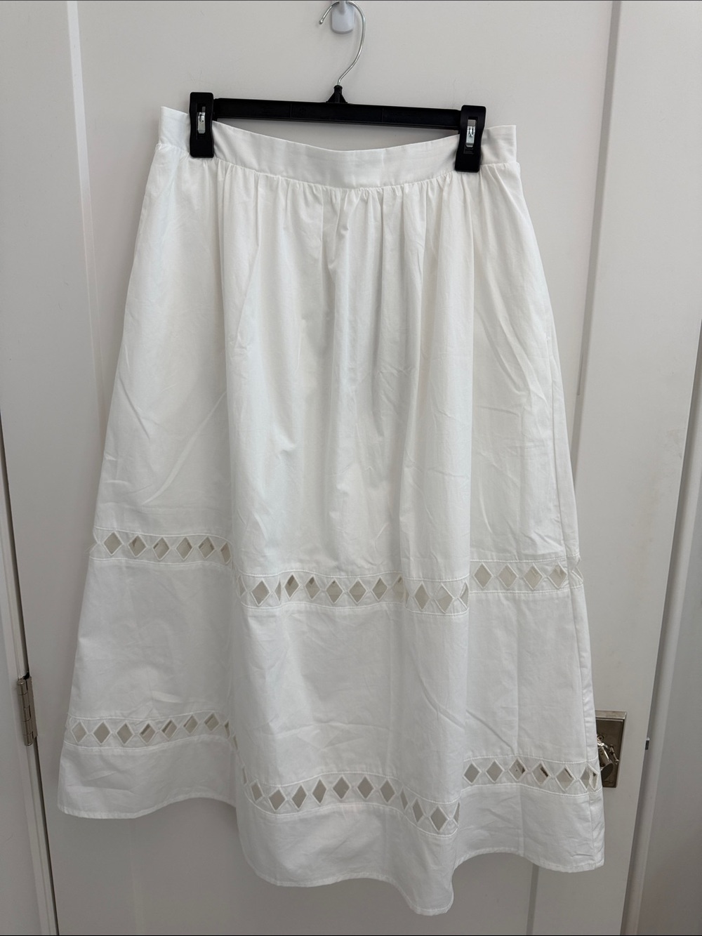 White A-Line Midi Skirt with Diamond Eyelet Panels